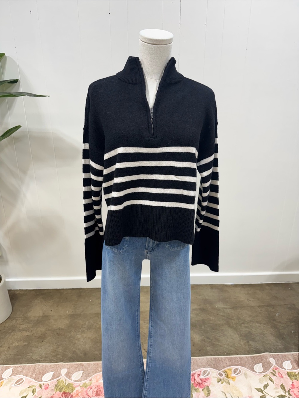 NWT DKNY Quarter Zip Striped Sweater Black Ivory Mock Neck